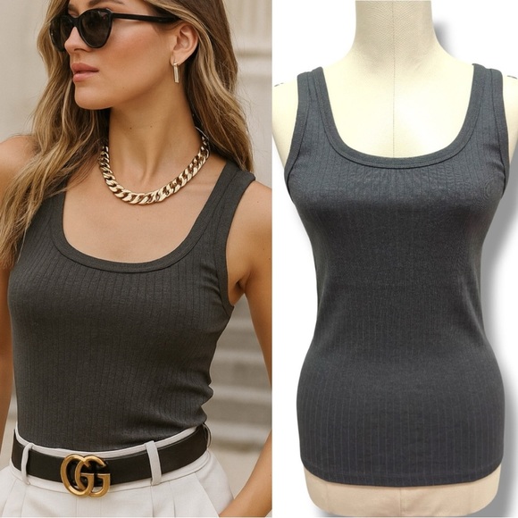 309 AERIE | NWT Charcoal Gray Ribbed Scoop Neck Tank Top (Size S) - Picture 1 of 12